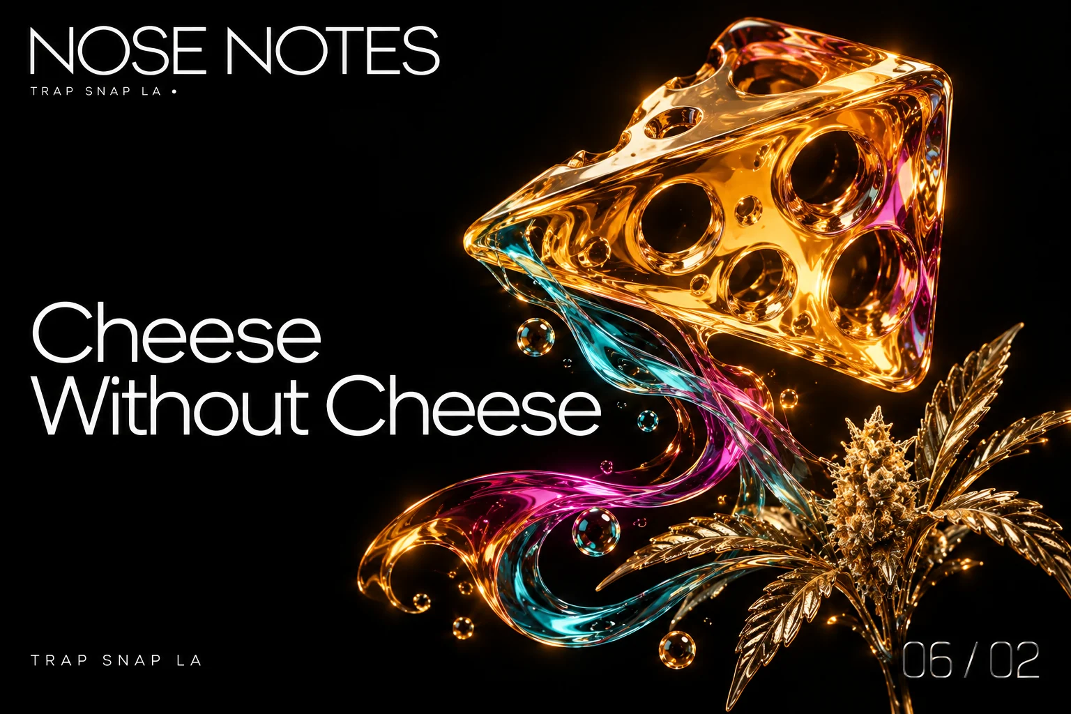 Amber glass cheese-wedge sculpture and fine iridescent aroma threads on black, titled Cheese Without Cheese.