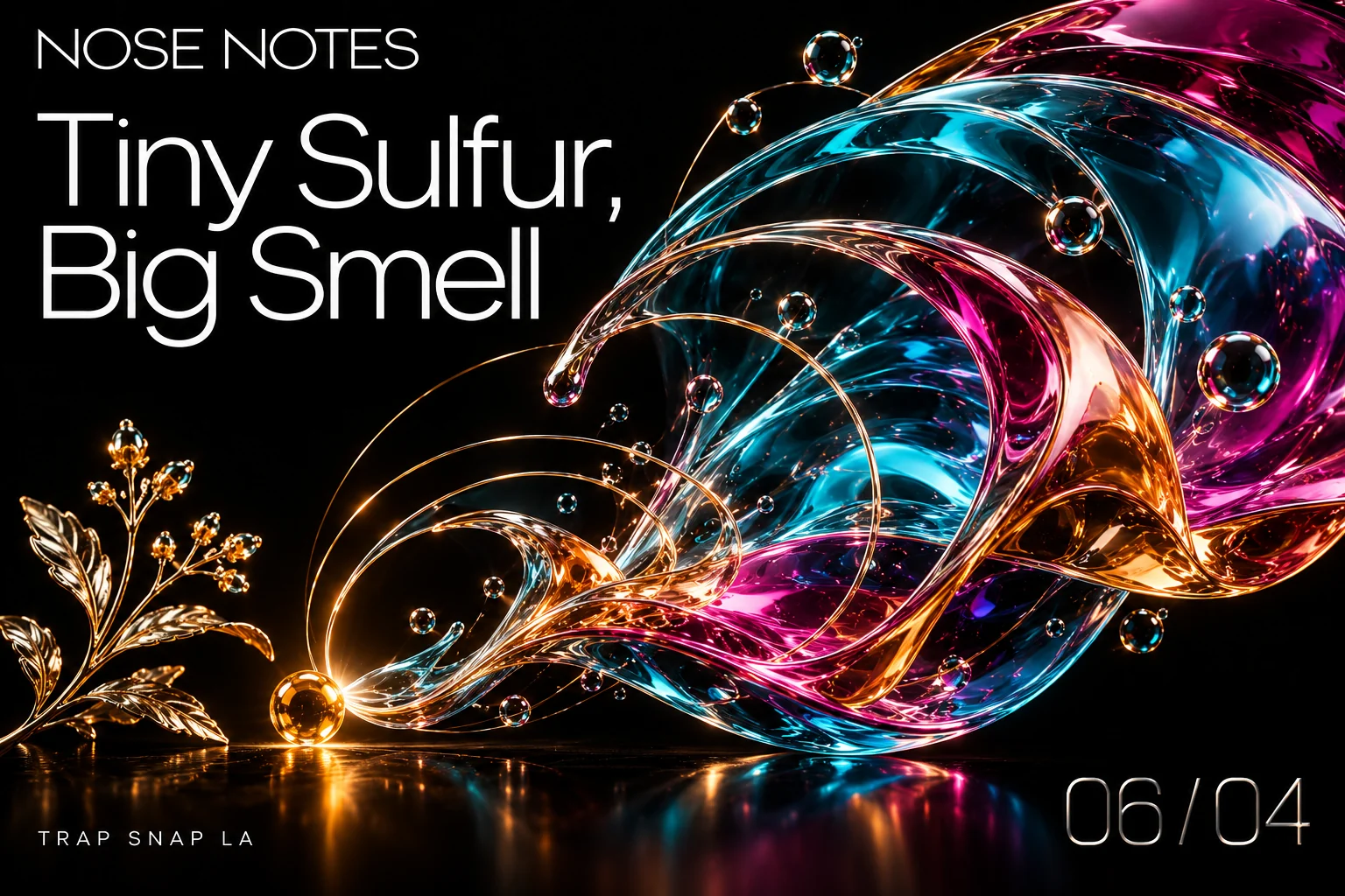 A tiny amber glass bead beneath a large expanding iridescent glass wave, titled Tiny Sulfur, Big Smell.
