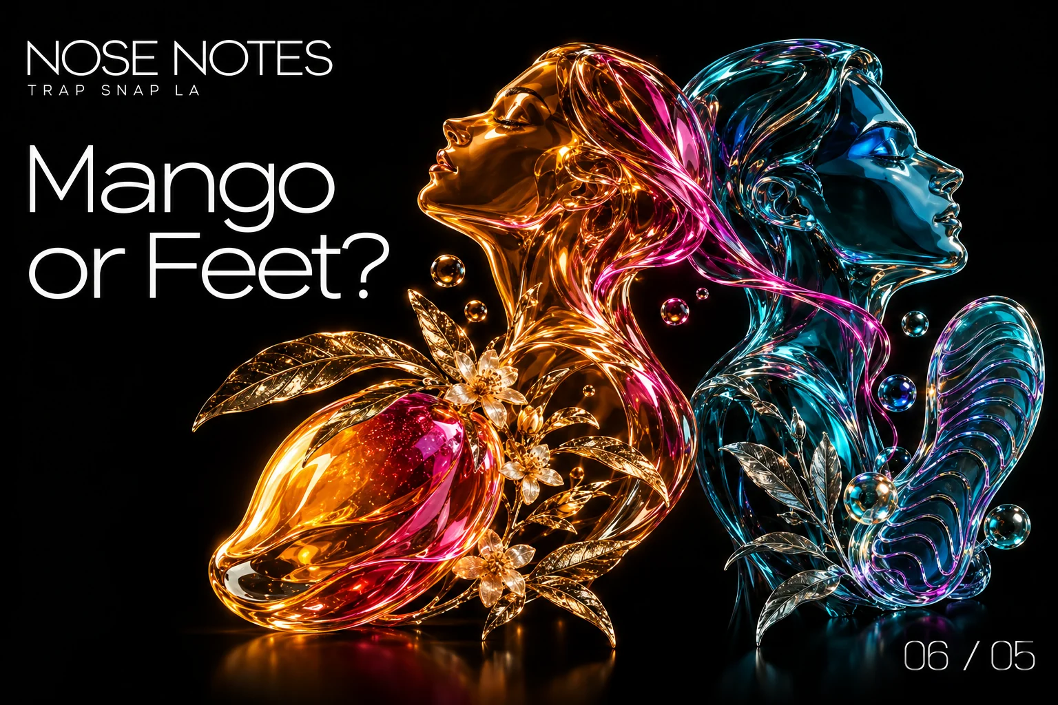 Two abstract crystal profiles beside a glass mango and shoe-sole silhouette, titled Mango or Feet?
