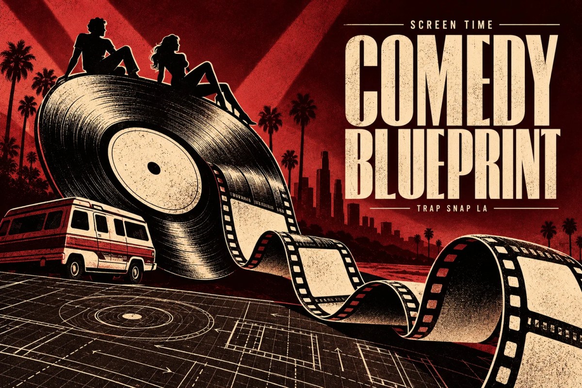 Editorial illustration of a vinyl record becoming film, with anonymous comedy silhouettes and a vintage van.