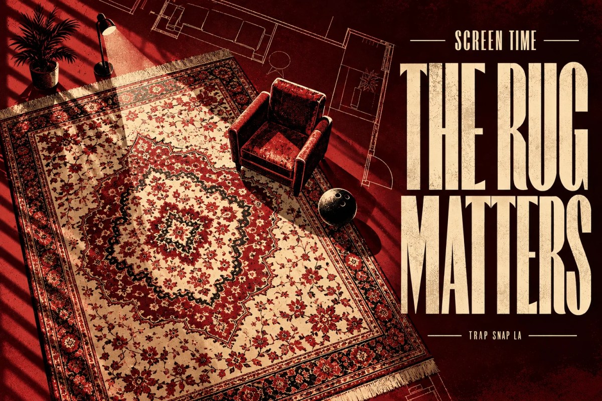Editorial illustration of a patterned rug, armchair, bowling ball and apartment floor-plan lines.