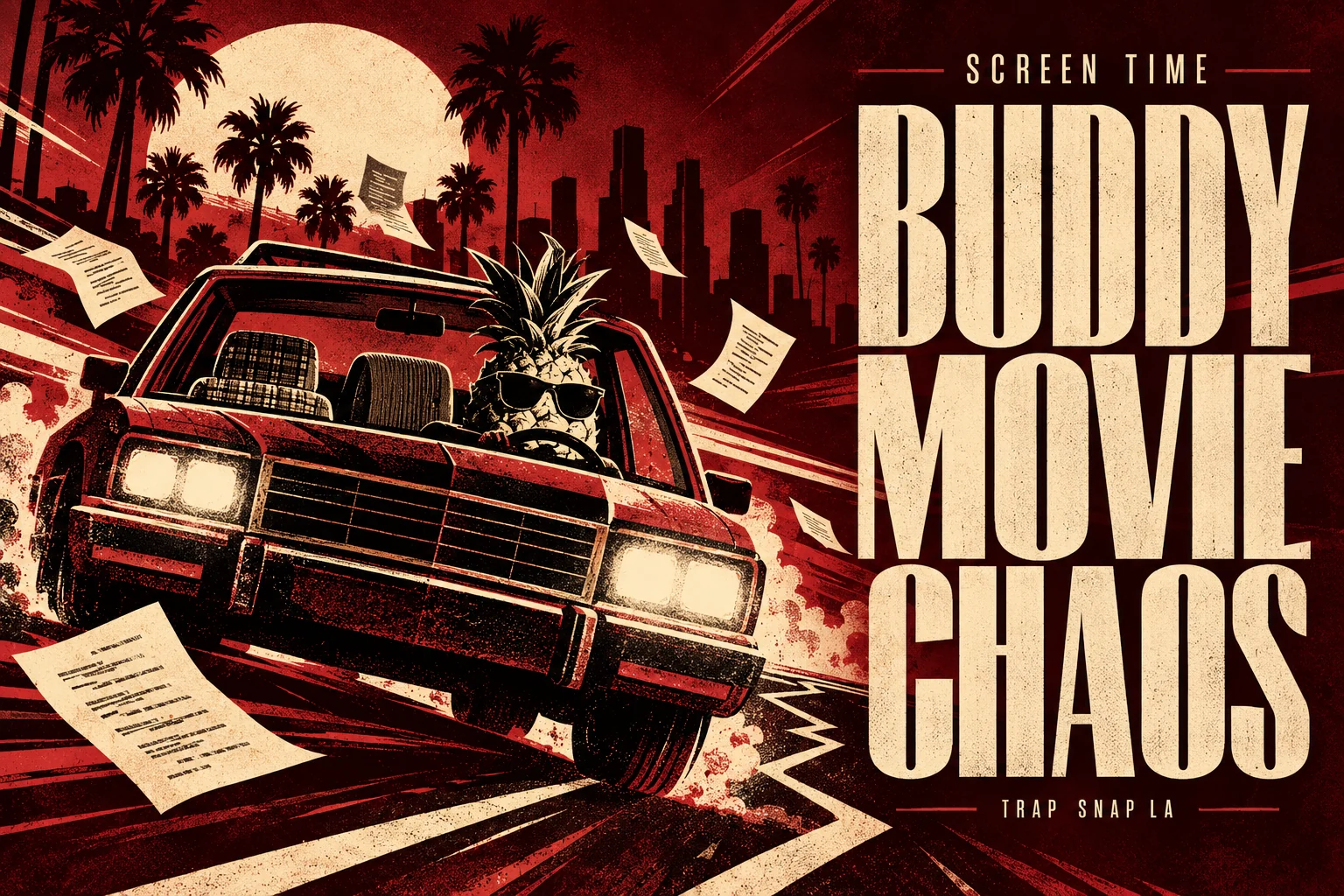 Editorial illustration of a pineapple driving a speeding car through flying screenplay pages.