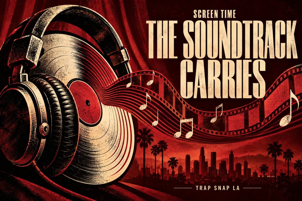 Editorial illustration of a vinyl record, headphones and a film-strip musical wave.