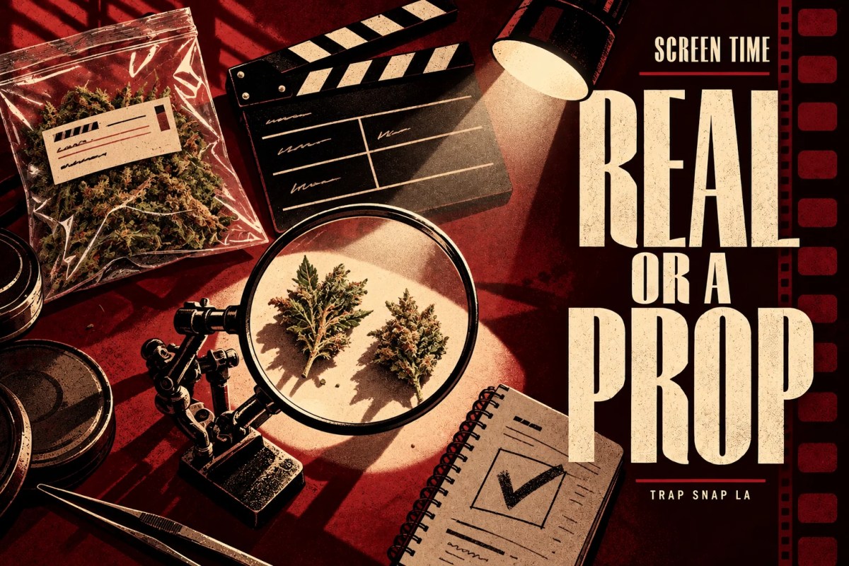 Editorial illustration of a film-prop inspection desk with clapperboard, magnifying lens and leafy props.