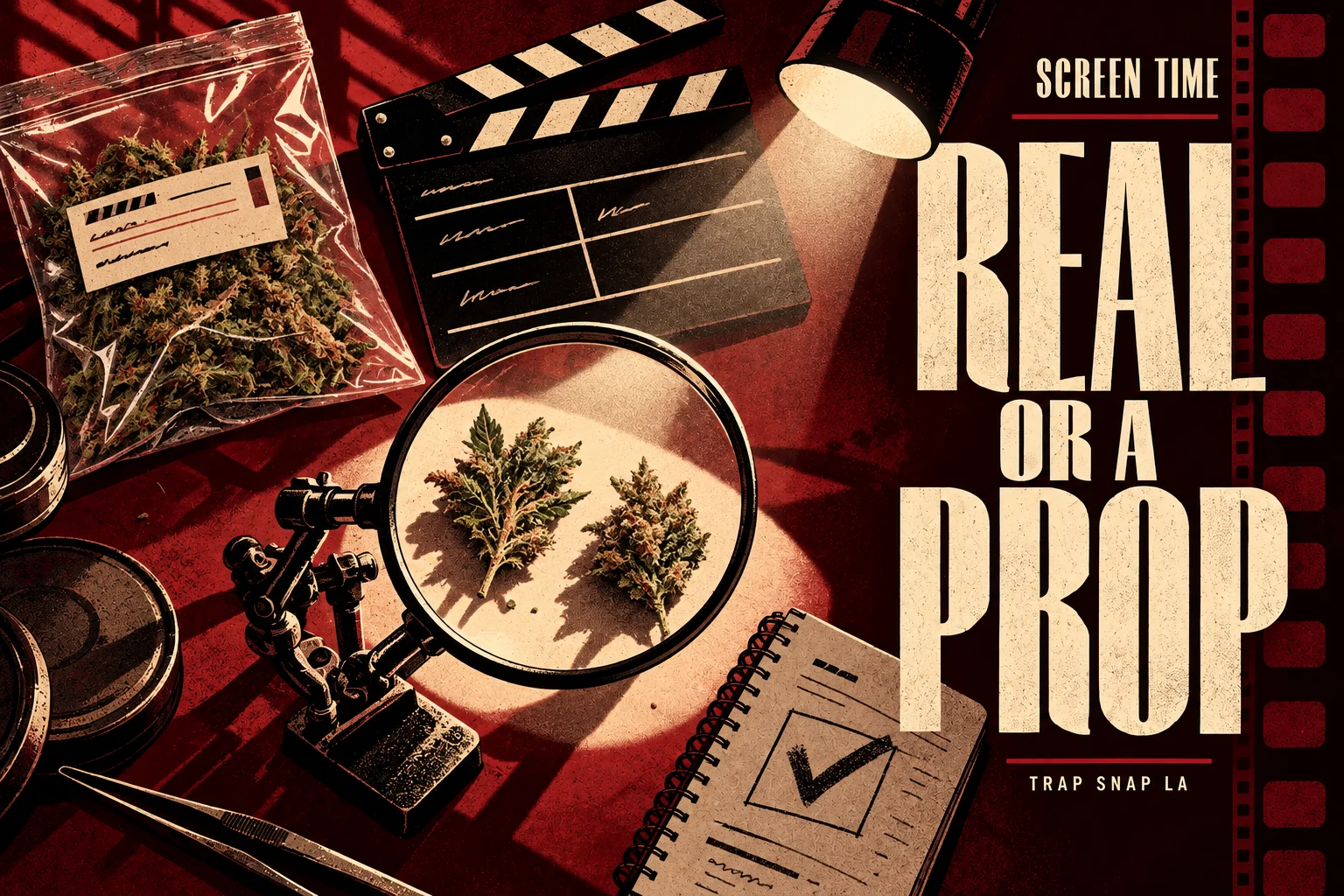 Editorial illustration of a film-prop inspection desk with clapperboard, magnifying lens and leafy props.