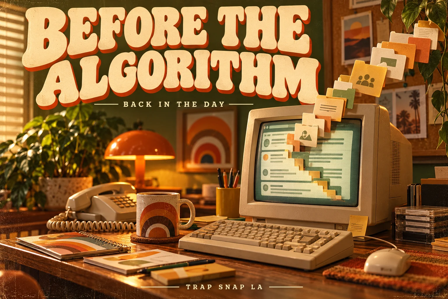 Editorial illustration of a beige CRT computer with an abstract forum thread and floating archive folders.