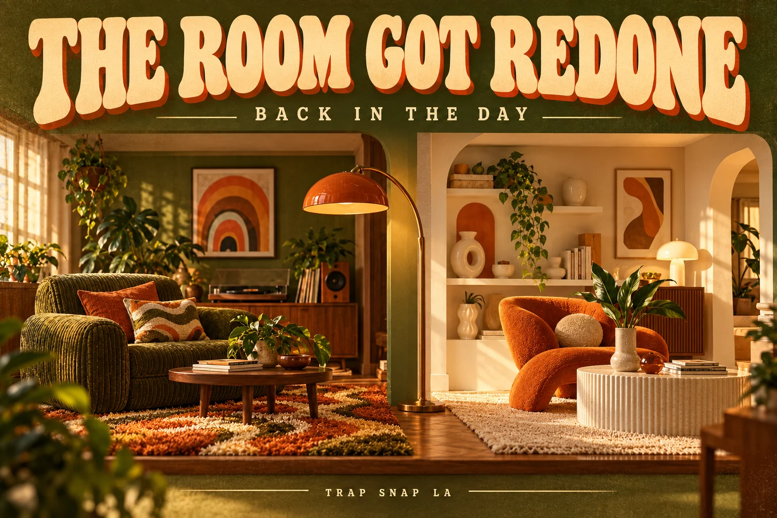 Editorial illustration comparing an olive retro room with a modern ceramic-filled room.