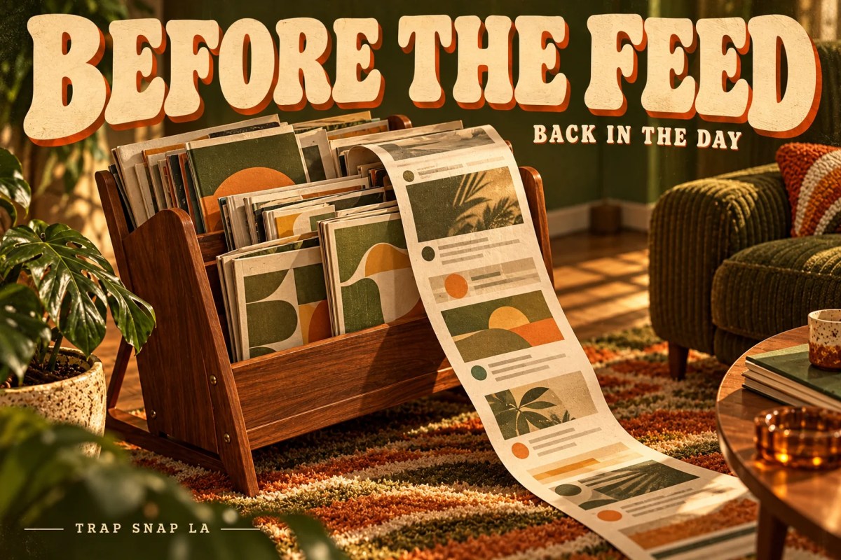Editorial illustration of a wooden magazine rack and an invented page becoming a scrolling-feed ribbon.