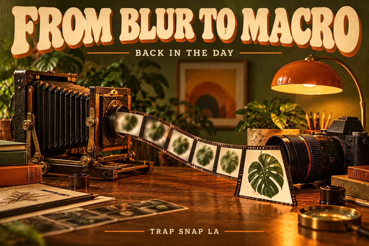 Editorial illustration of a bellows camera, modern macro lens and a film strip changing from blur to leaf detail.
