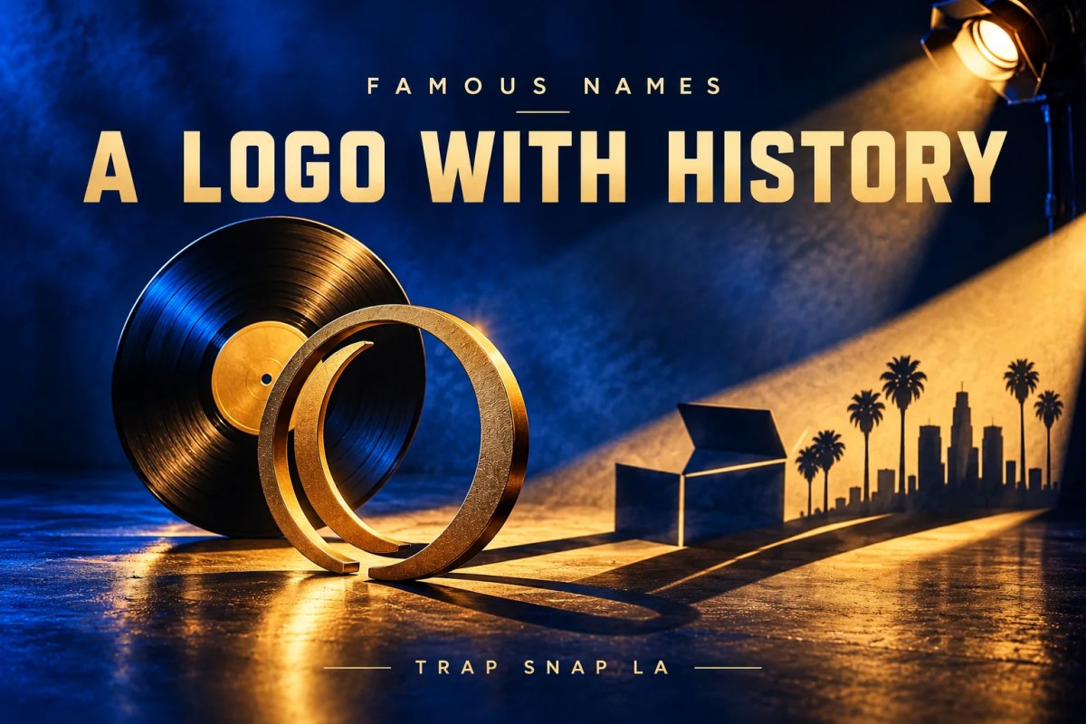 Editorial illustration of a vinyl record and abstract gold emblem casting packaging and skyline shadows.