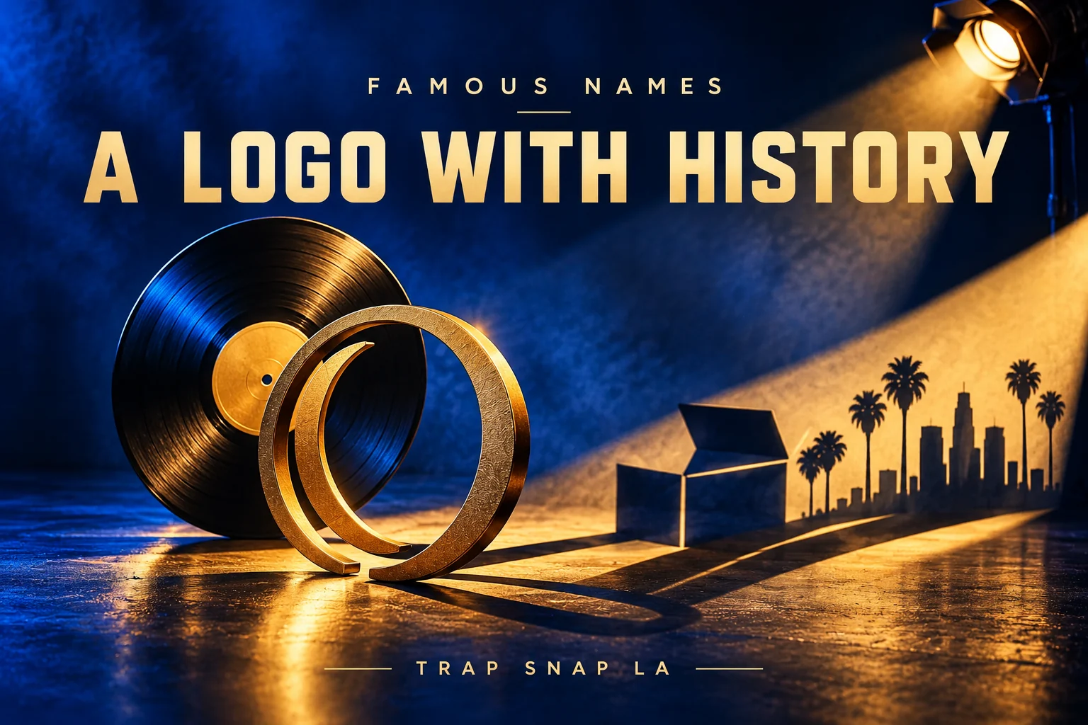 Editorial illustration of a vinyl record and abstract gold emblem casting packaging and skyline shadows.