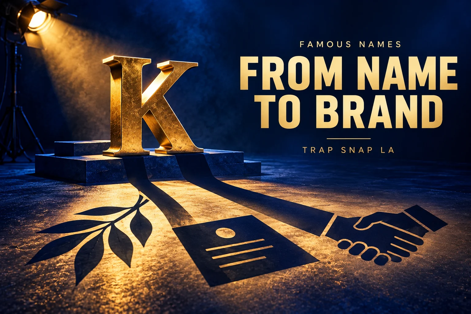 Editorial illustration of a gold letter K casting leaf, brand-card and handshake shadows.