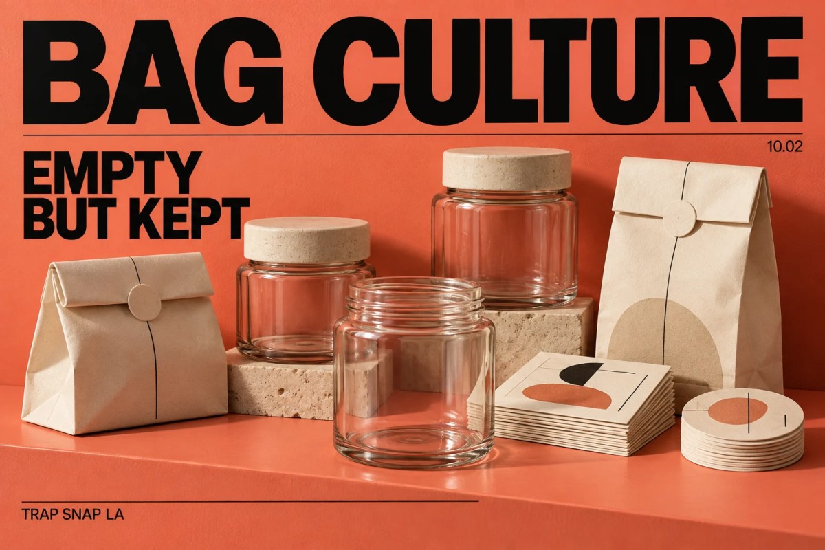 Coral editorial cover showing an orderly shelf of empty original-design jars, folded bags and collected paper labels.