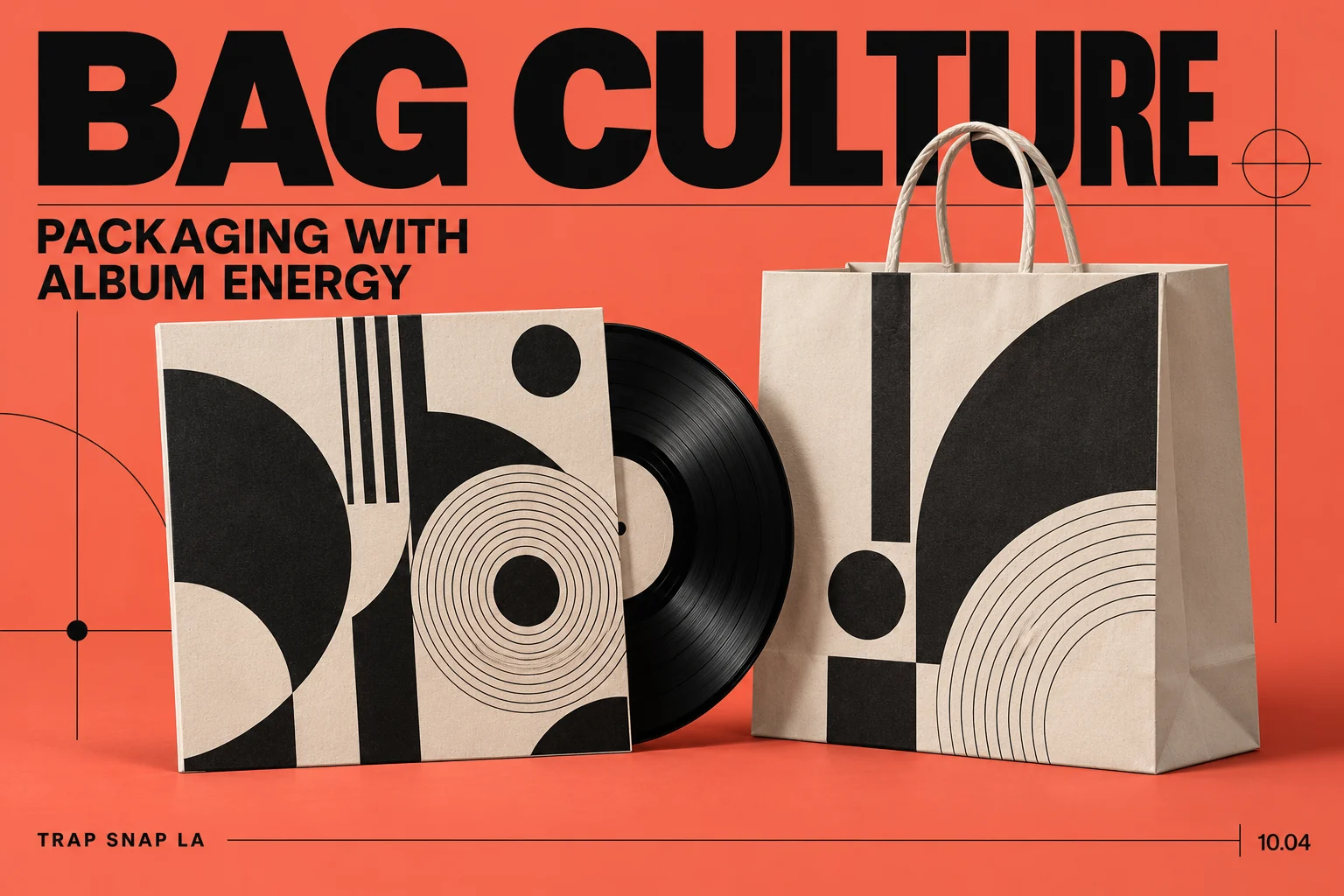 Coral design-magazine illustration of an original abstract record sleeve beside coordinated unbranded packaging.
