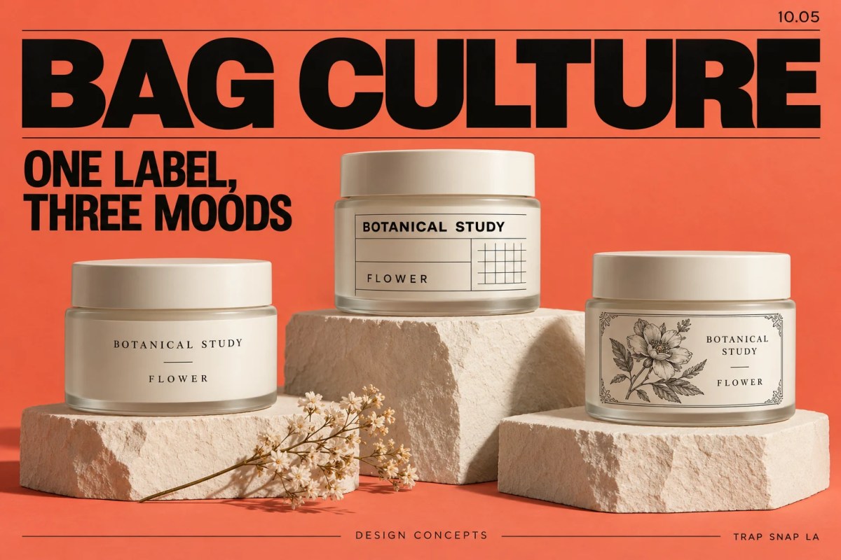 Three fictional Botanical Study label-design concepts in minimalist, industrial and vintage styles on coral.