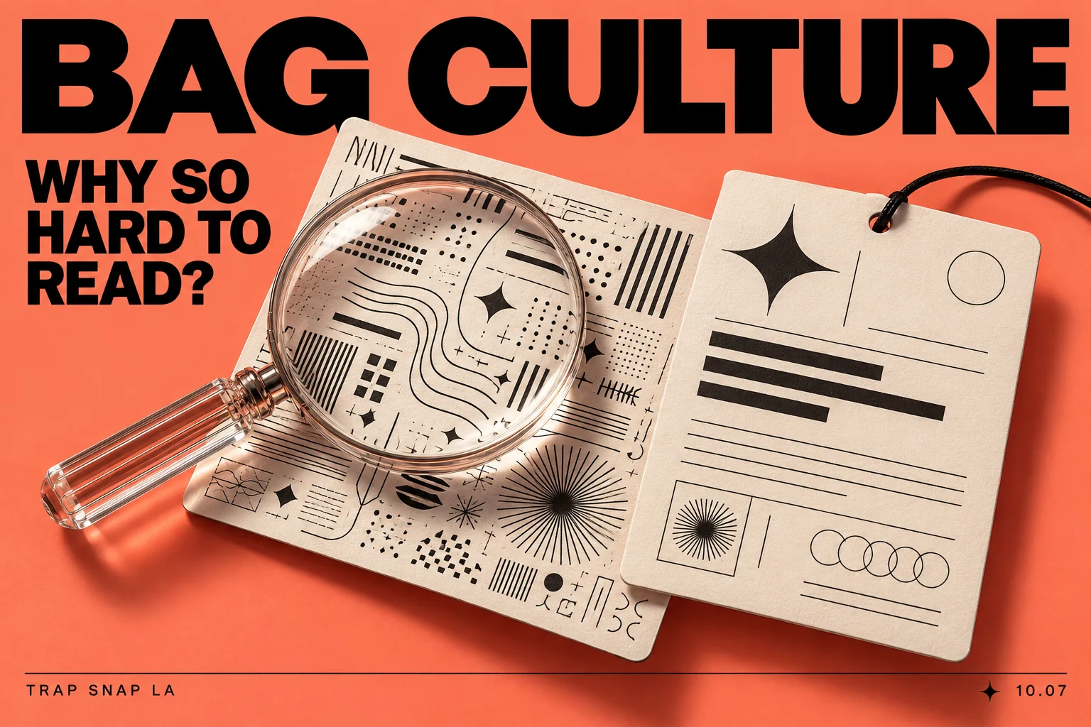 Coral editorial cover contrasting cluttered ornamental label marks with a clearer hierarchy under a magnifying lens.