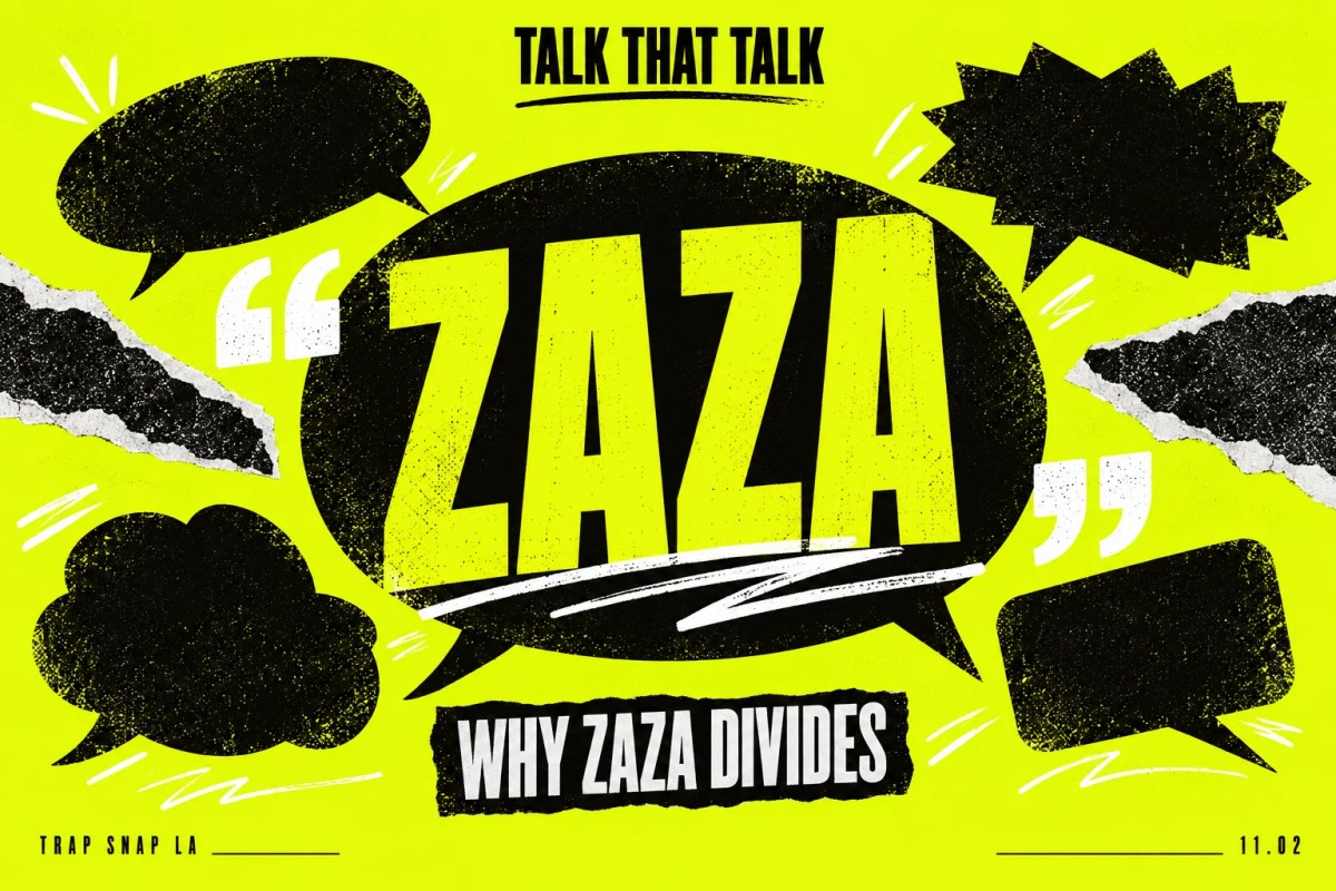 Acid-yellow editorial typography showing ZAZA in a central speech bubble surrounded by competing quotation shapes.
