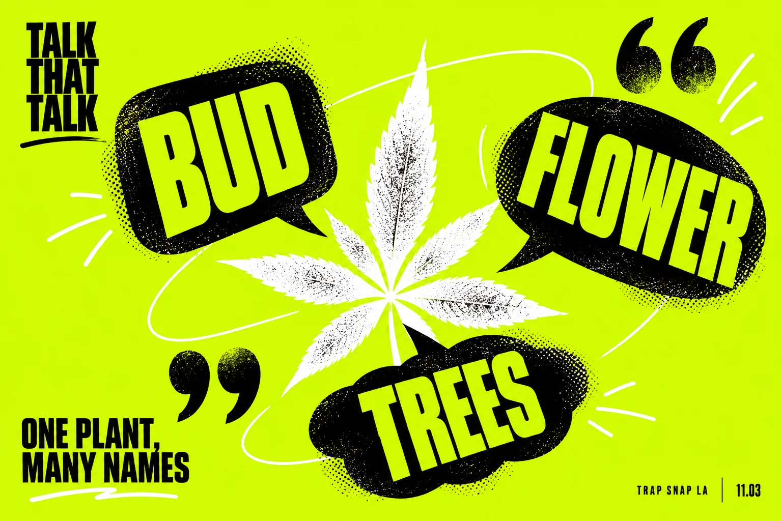 Acid-yellow language cover showing BUD, FLOWER and TREES labels around an abstract leaf silhouette.