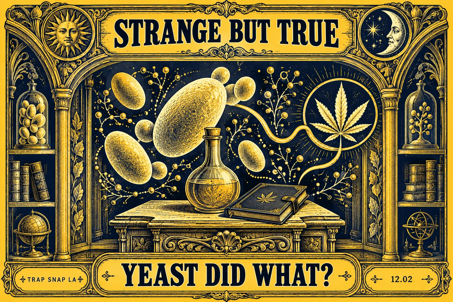 Gold and navy engraved curiosity illustration with symbolic yeast forms, an antique flask and a research notebook.
