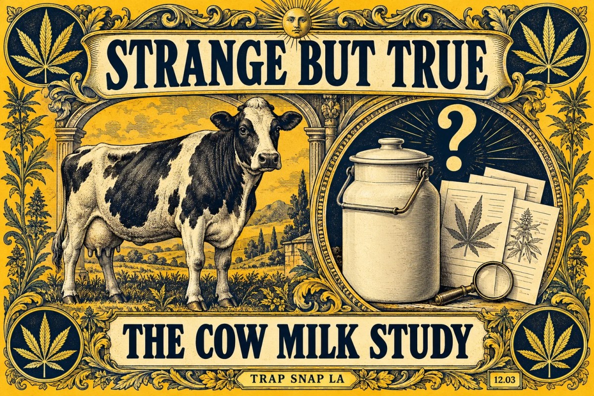 Gold and navy conceptual engraving of an adult cow beside a milk vessel, research pages and a hemp-leaf motif.