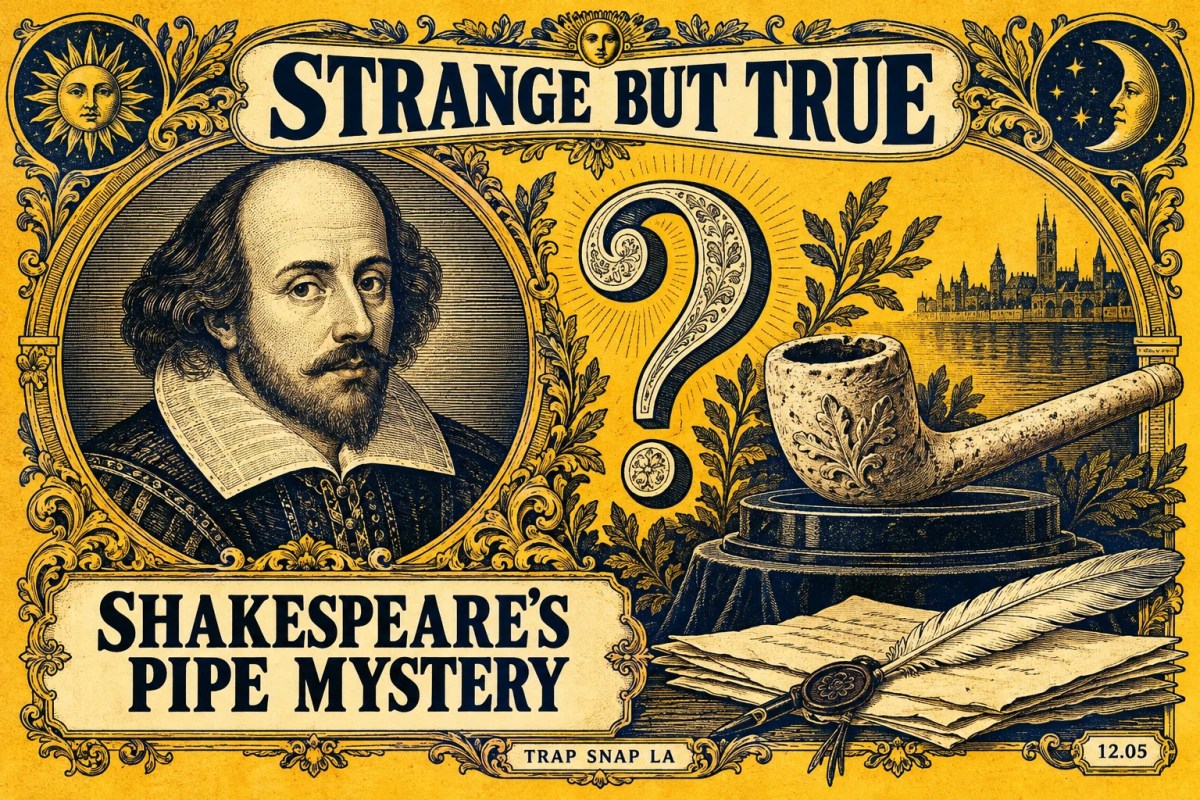 Gold and navy engraved historical mystery cover with a symbolic Shakespeare-era bust, clay pipe, quill and question mark.