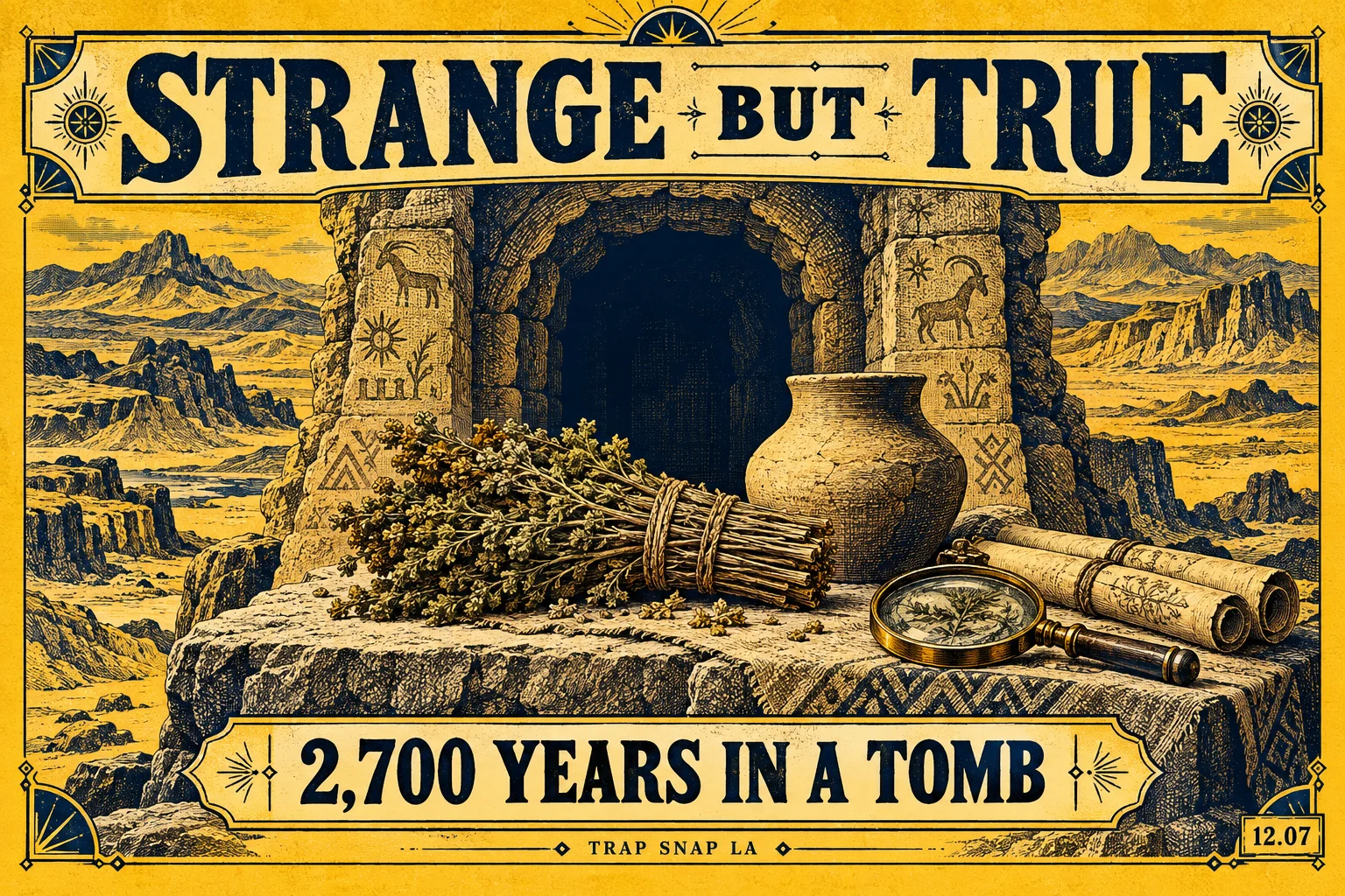 Gold and navy conceptual archaeology engraving with an ancient tomb arch, plant bundle, clay vessel and archival papers.