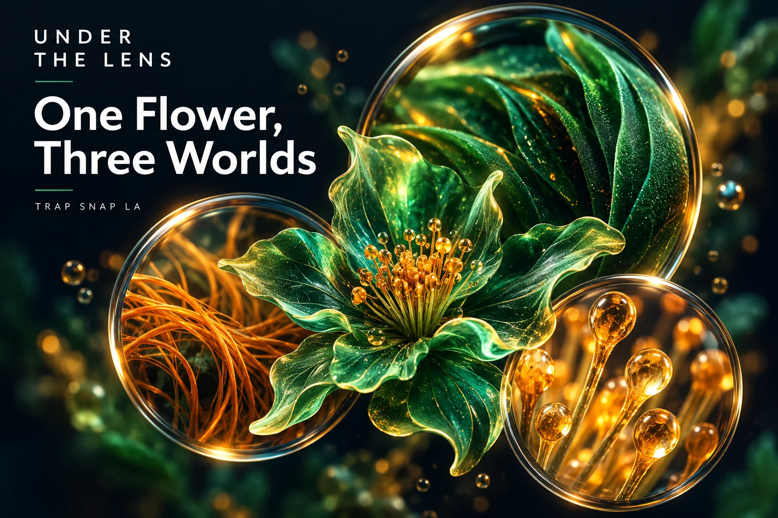 AI-generated editorial illustration: Conceptual emerald botanical form viewed through three overlapping amber-lit glass circles.