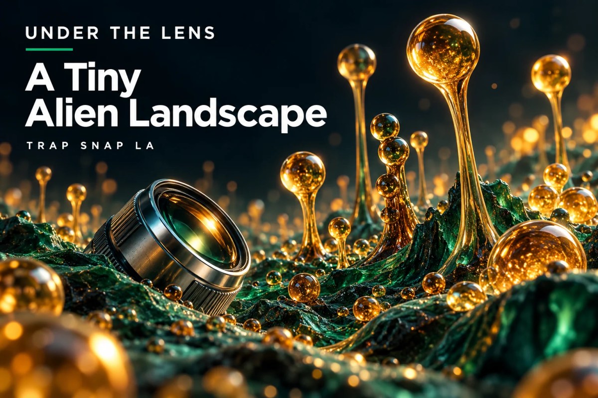 AI-generated editorial illustration: Conceptual amber-glass structures rise from a dark green surface like an alien landscape.