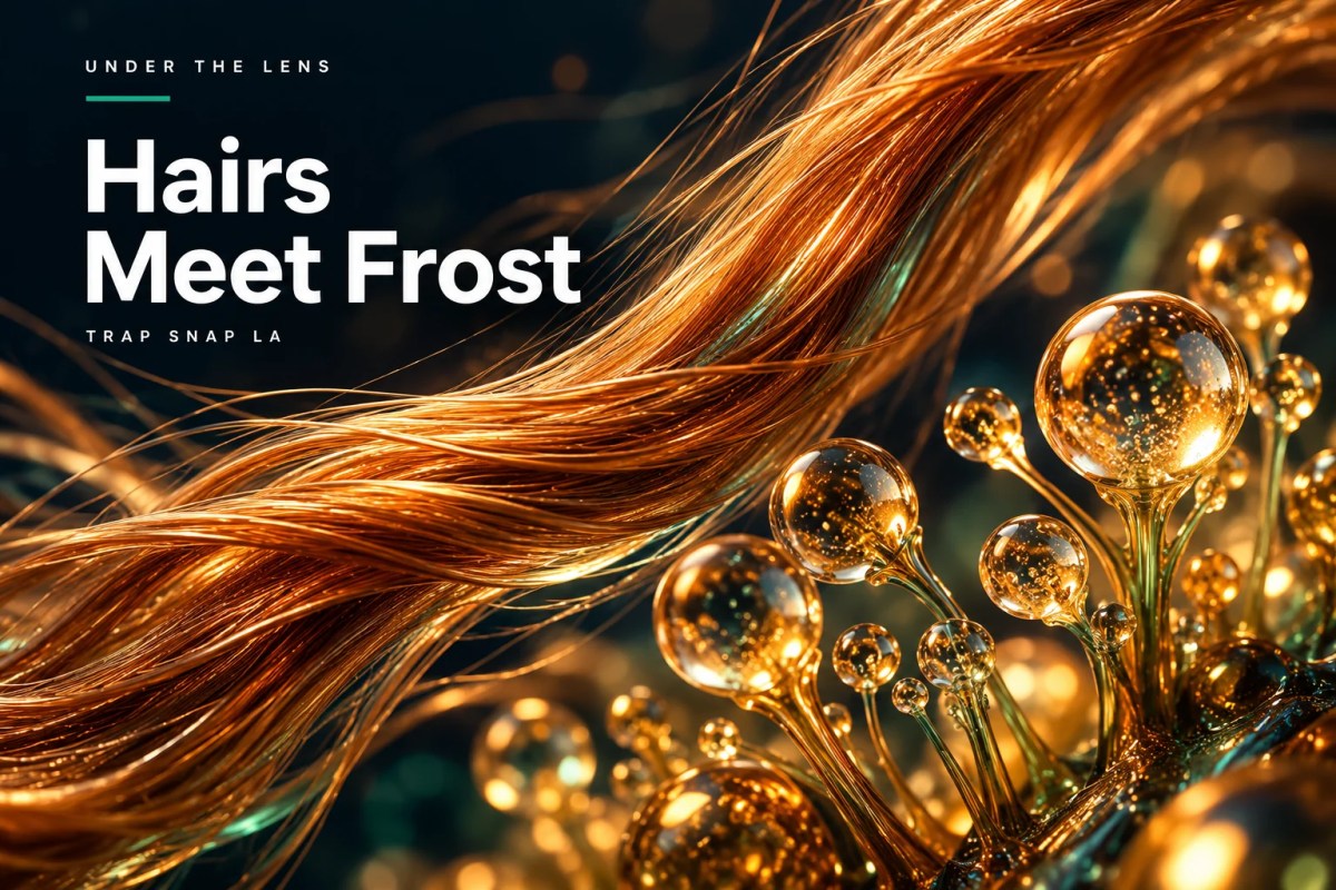 AI-generated editorial illustration: Copper-orange threads contrast with translucent golden bead forms in a conceptual close-up.