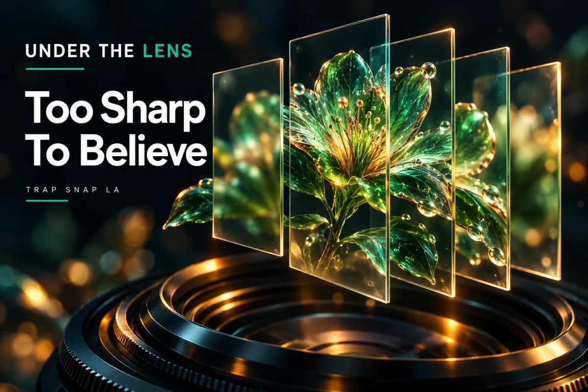 AI-generated editorial illustration: An imagined green botanical sculpture suspended among transparent glass focus planes.