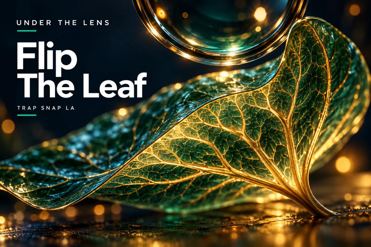 AI-generated editorial illustration: Conceptual translucent green leaf form curls upward to reveal luminous branching ridges.