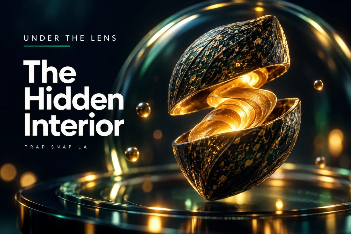 AI-generated editorial illustration: Conceptual seed-shaped sculpture opens around a glowing folded ribbon under curved glass.
