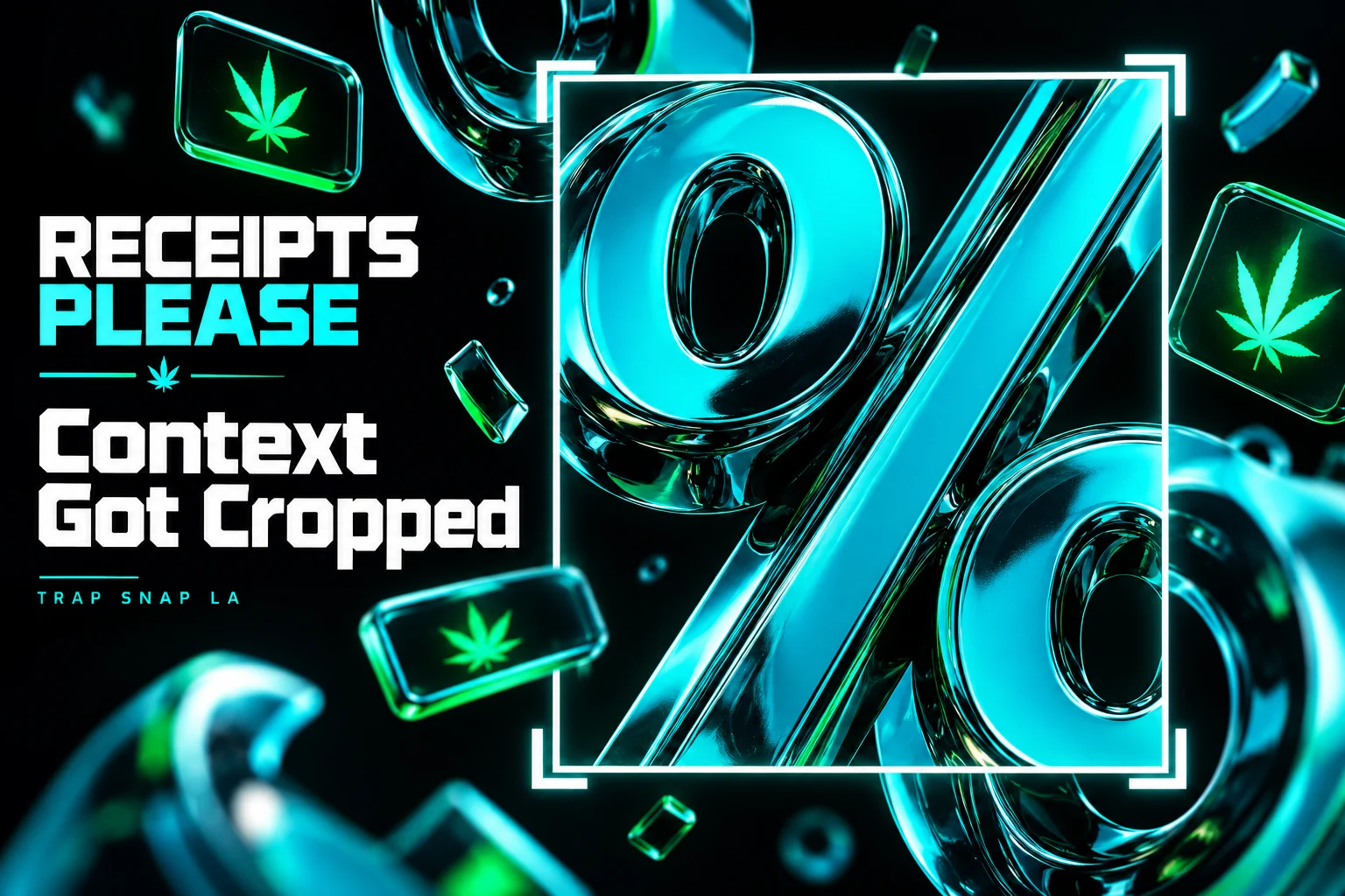 AI-generated editorial illustration: A luminous percent-sign sculpture inside a crop frame with detached context shapes around it.