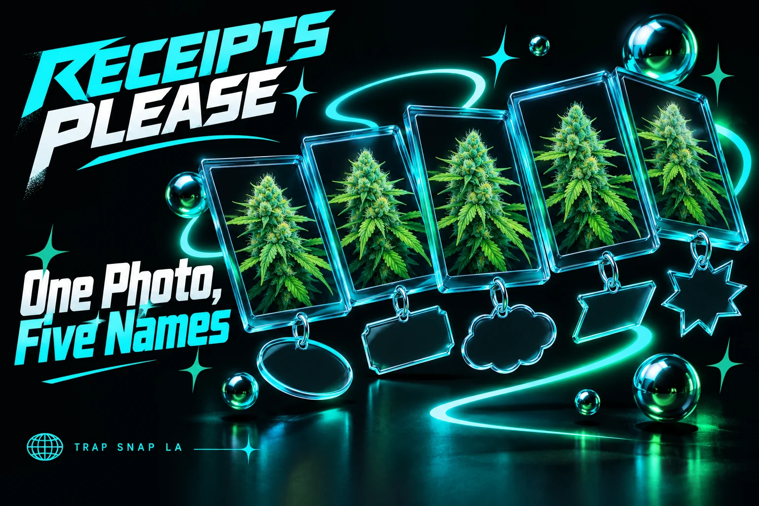 AI-generated editorial illustration: Five floating neon picture frames repeat one botanical illustration with different blank caption tabs.