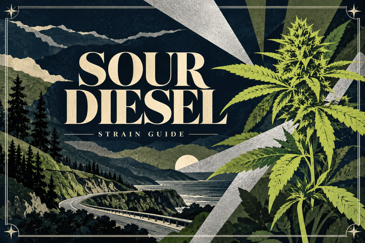 Paper collage of bright green botanical leaves, a winding road and mountain landscape beneath the Sour Diesel strain guide title.