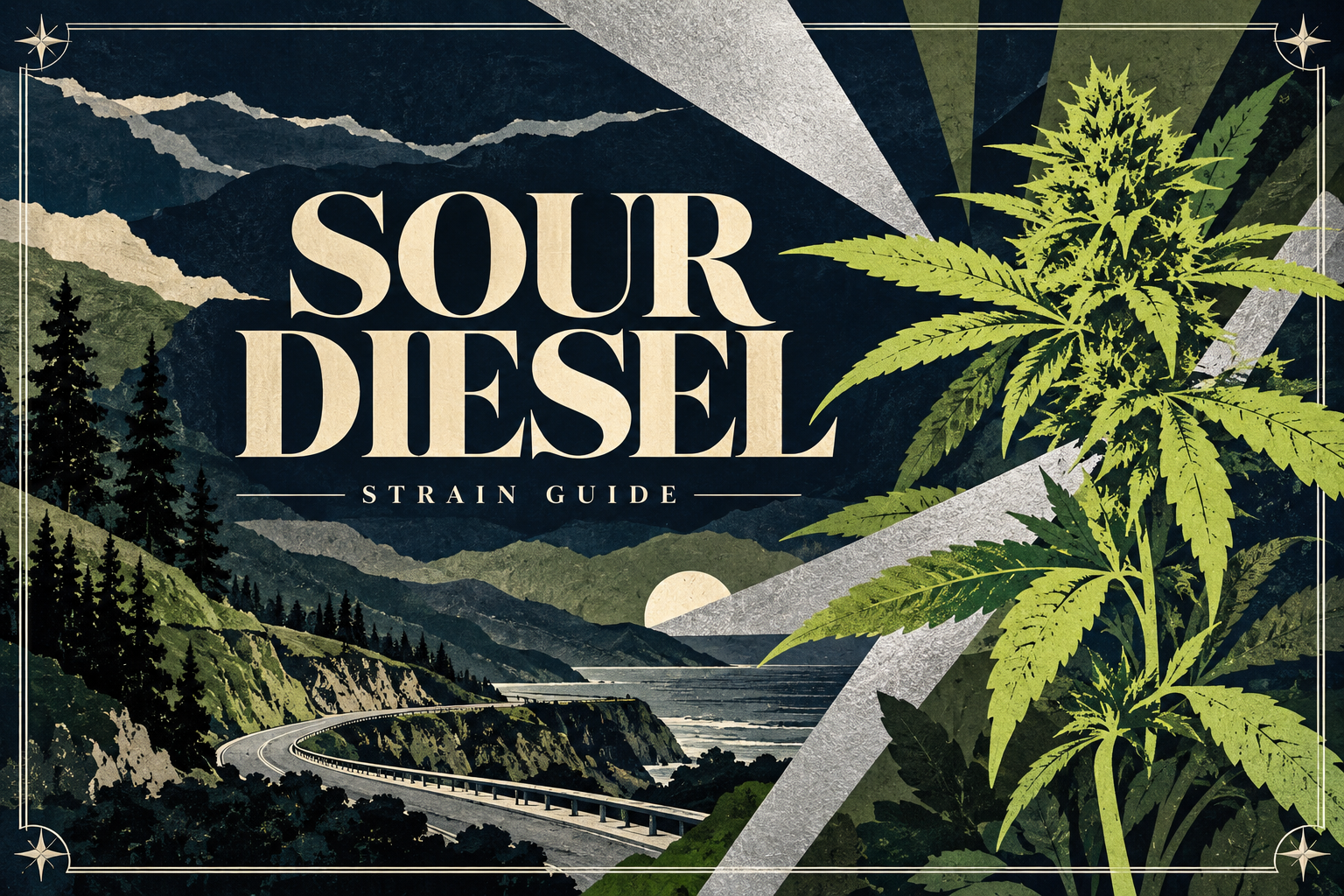 Paper collage of bright green botanical leaves, a winding road and mountain landscape beneath the Sour Diesel strain guide title.