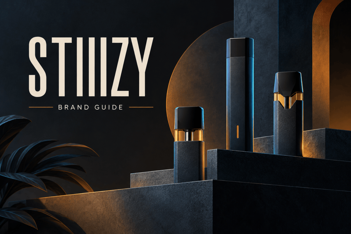 Conceptual illustration of generic pod and battery silhouettes on stepped plinths for the STIIIZY brand guide.