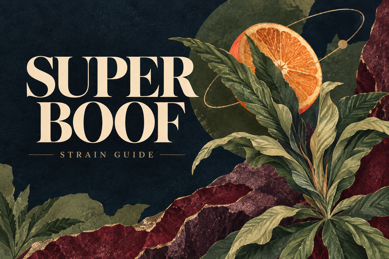 Botanical paper collage with an orange orbit, green leaves and burgundy layers around the Super Boof title.