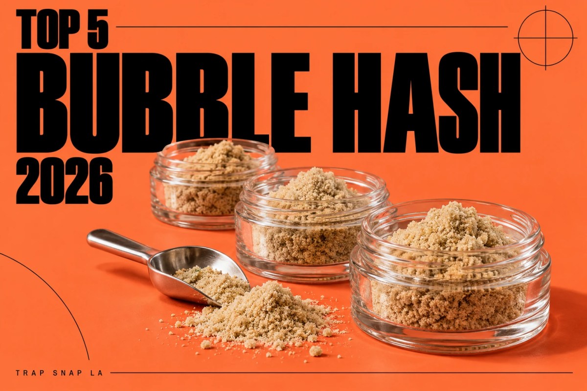 Illustrative bubble hash jars on a coral background with Top 5 Bubble Hash 2026 headline.