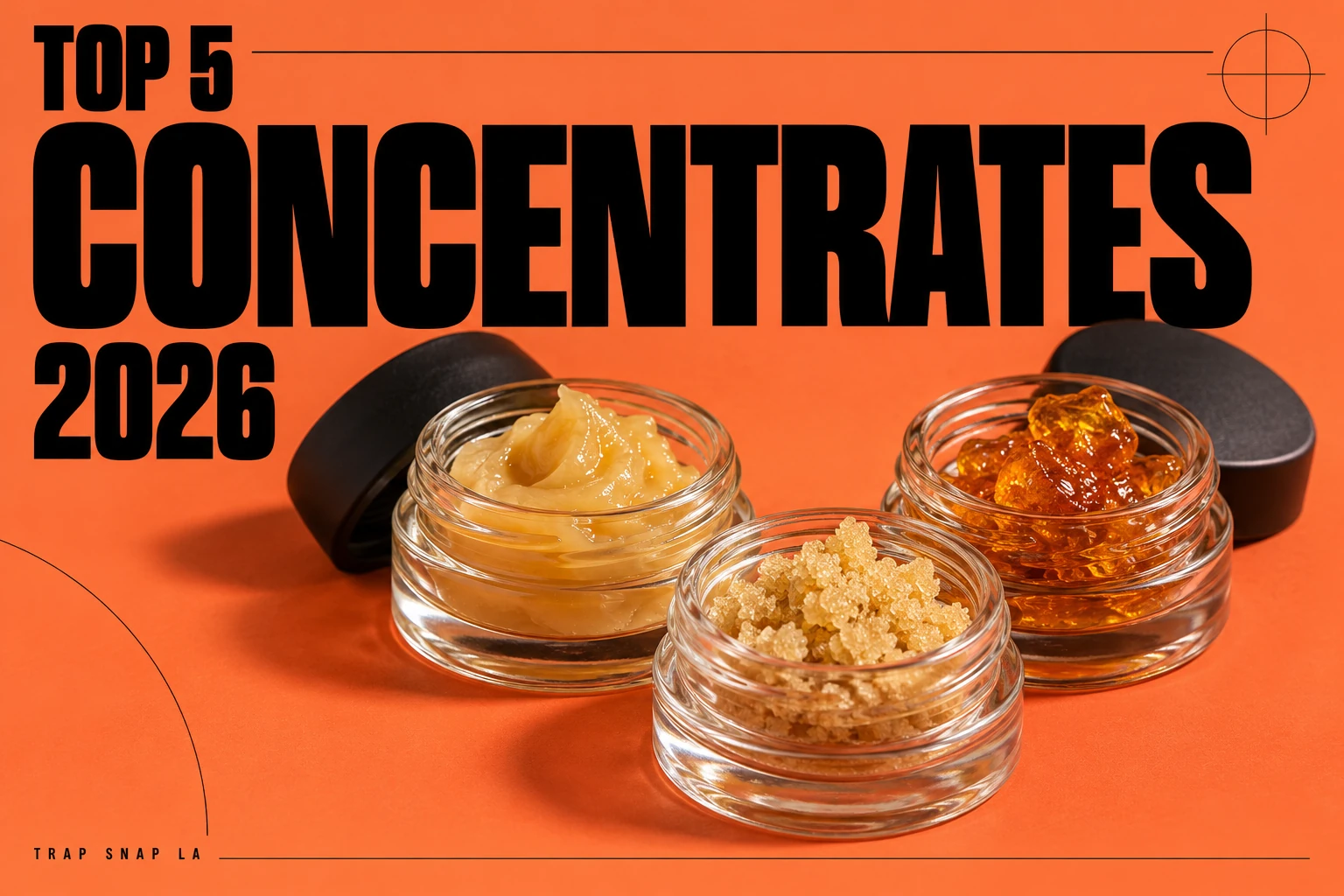 Illustrative jars of rosin, resin and hash on coral with Top 5 Concentrates 2026 headline.
