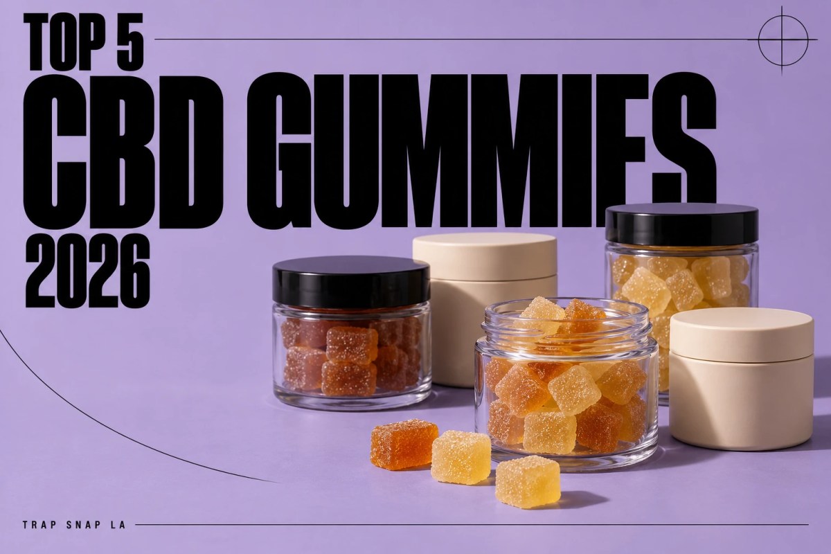 Illustrative plain jars and square gummies on lavender with Top 5 CBD Gummies 2026 headline.