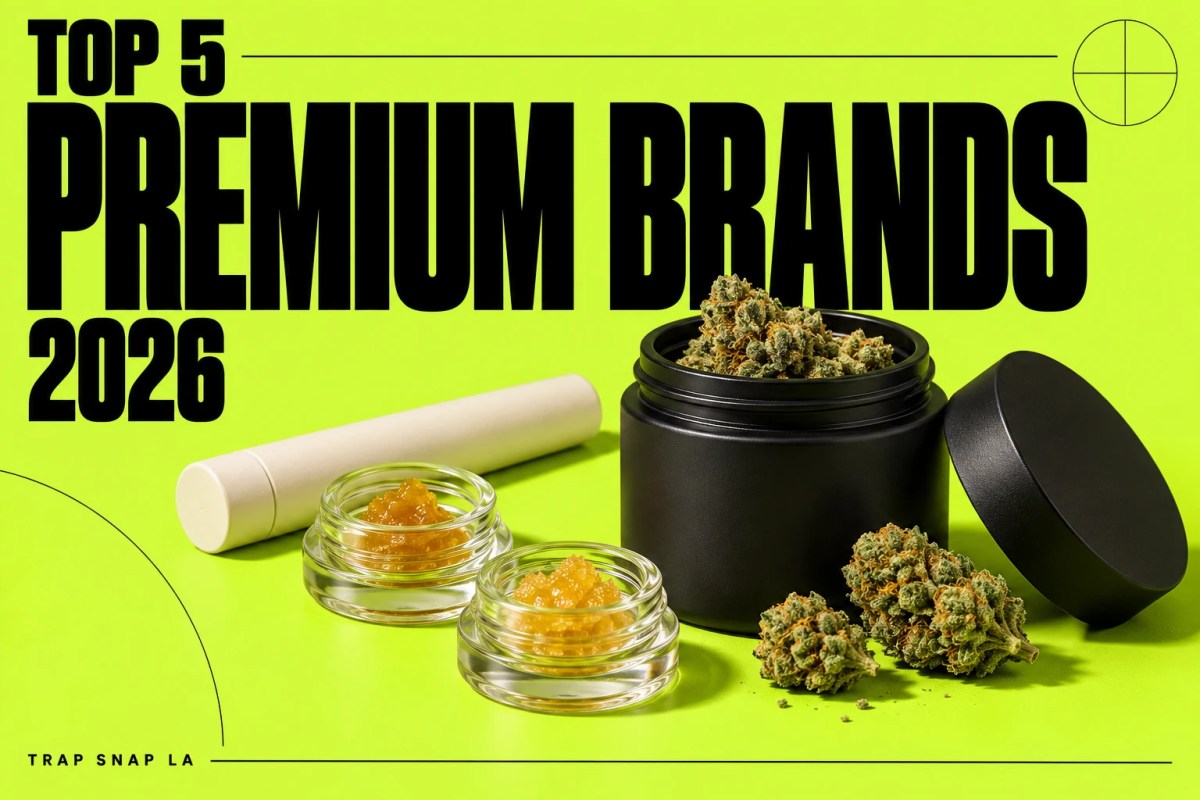 Illustrative unbranded cannabis jars and packaging on lime with Top 5 Premium Brands 2026 headline.