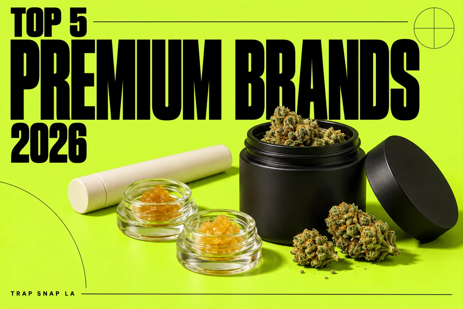 Illustrative unbranded cannabis jars and packaging on lime with Top 5 Premium Brands 2026 headline.
