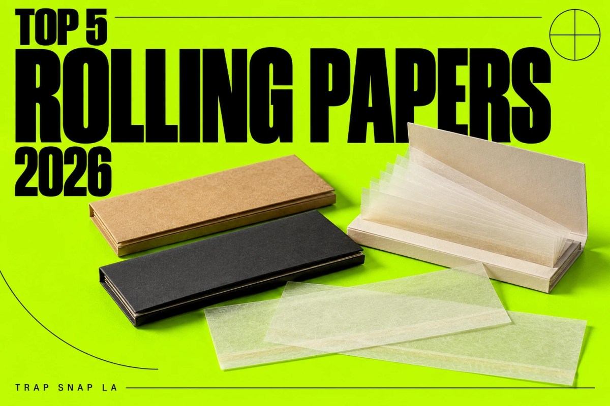 Illustrative rolling paper booklets and loose sheets on lime with Top 5 Rolling Papers 2026 headline.
