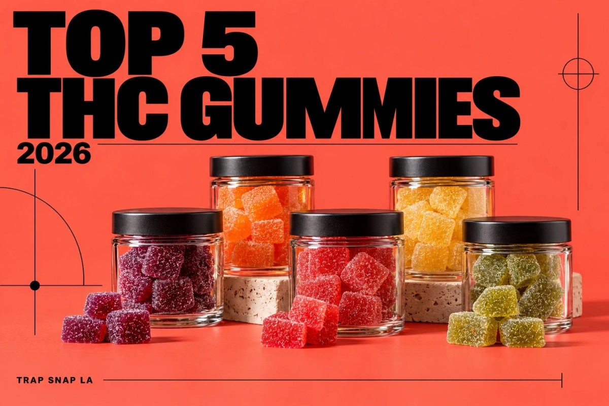 Editorial illustration for the 2026 thc gummies comparison, with unbranded objects and bold magazine typography.