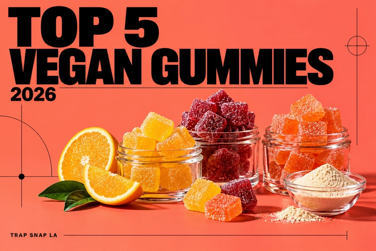 Editorial illustration for the 2026 vegan gummies comparison, with unbranded objects and bold magazine typography.