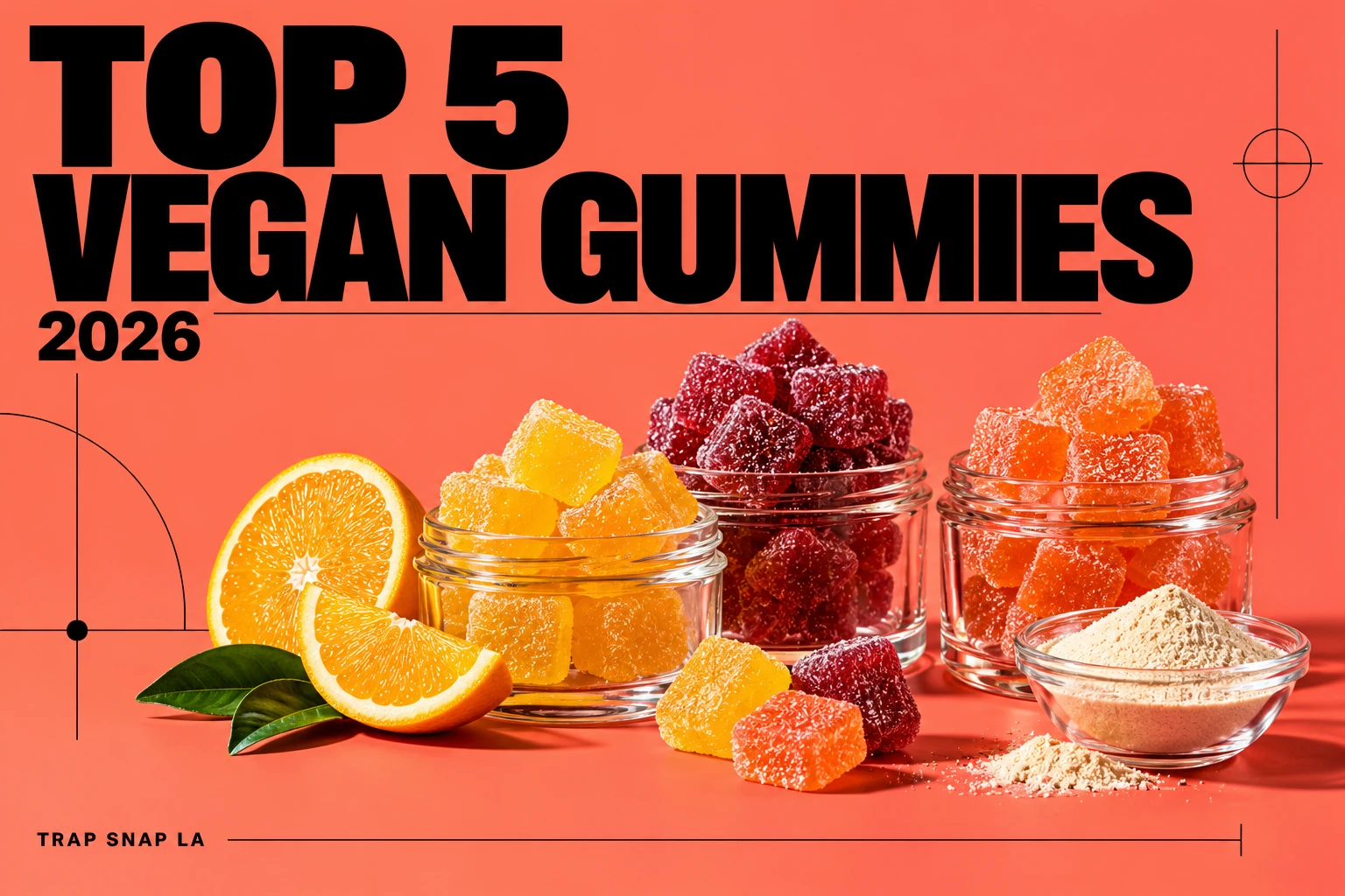 Editorial illustration for the 2026 vegan gummies comparison, with unbranded objects and bold magazine typography.