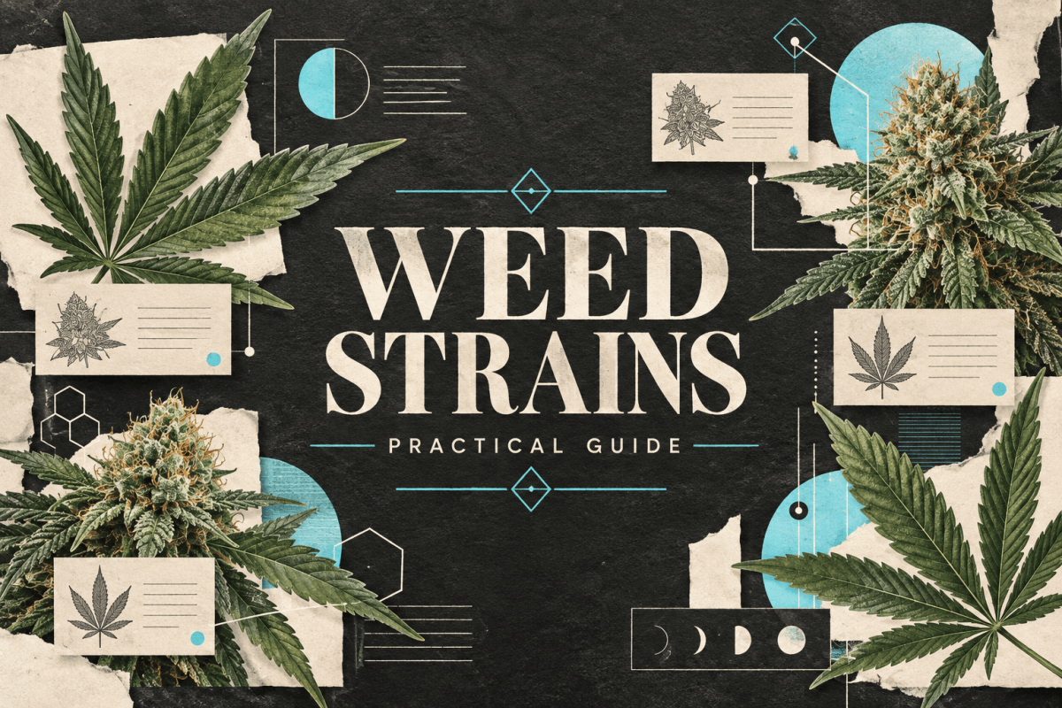 Editorial paper collage of botanical leaves and blank field-note cards around the Weed Strains title.